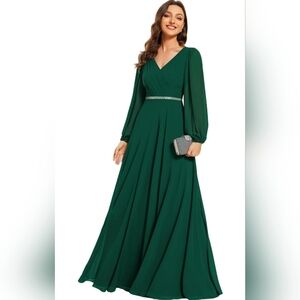 NWT V-Neck Chiffon Empire Waist Long Sleeve Formal Dress 22 Emerald Green